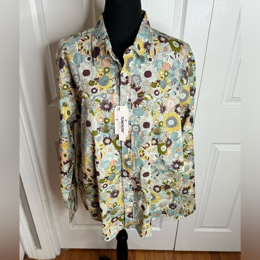 NWT Tunevuse Men’s Floral Groovy Retro Long Sleeve Button Down Shirt Size L
